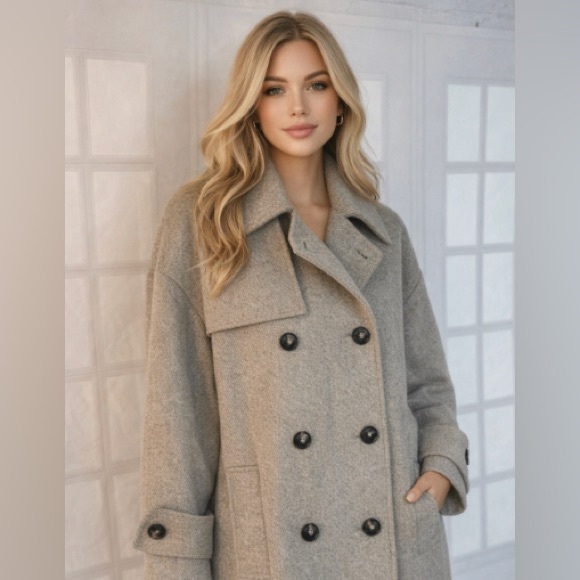 ASOS tan heavyweight double button long trench coat women size 14 winter classic